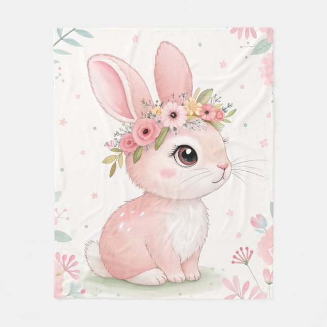 Baby Bunny Princess with Floral Crown – Soft Pink  Fleece Blanket (Front)