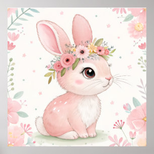 Baby Bunny Princess with Floral Crown – Soft Pink  Poster