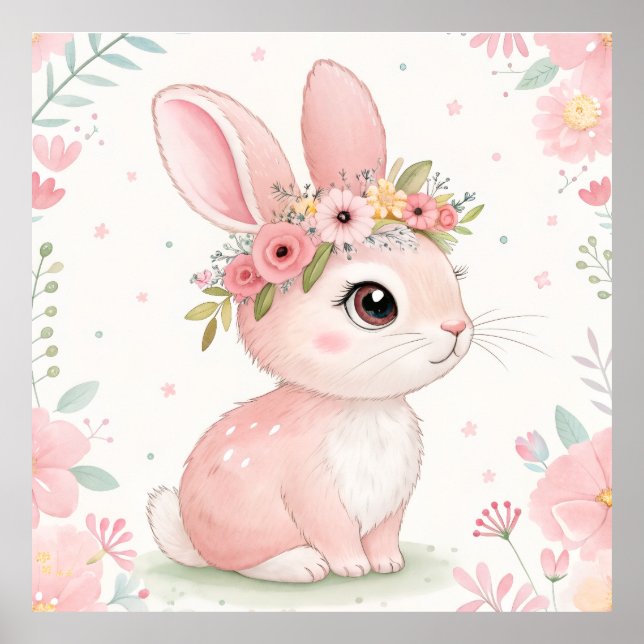 Baby Bunny Princess with Floral Crown – Soft Pink  Poster (Front)