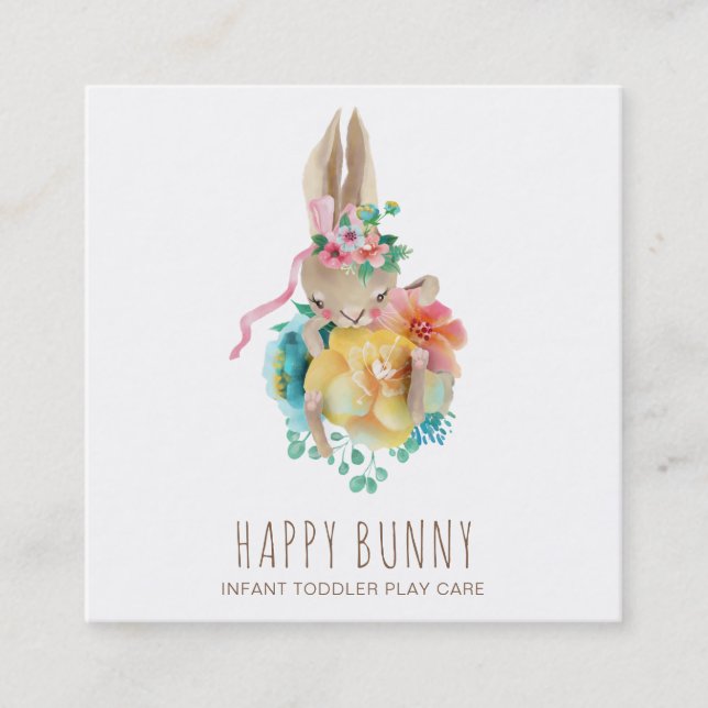 *~* Baby Bunny Rabbit Daycare Teacher Nanny Tutor Square Business Card (Front)