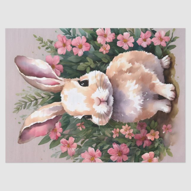 Baby Bunny Rabbit Pink Flowers Tissue Paper (Front)