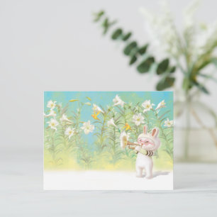 Baby Bunny Trumpet Player with Bird in Lily Garden Announcement Postcard