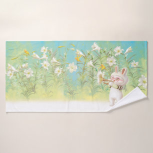 Baby Bunny Trumpet Player with Bird in Lily Garden Bath Towel