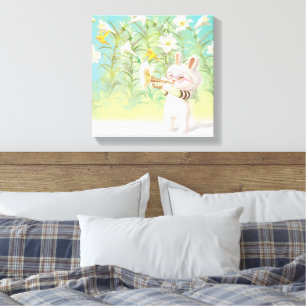 Baby Bunny Trumpet Player with Bird in Lily Garden Canvas Print