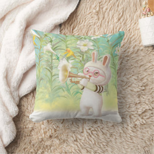Baby Bunny Trumpet Player with Bird in Lily Garden Cushion