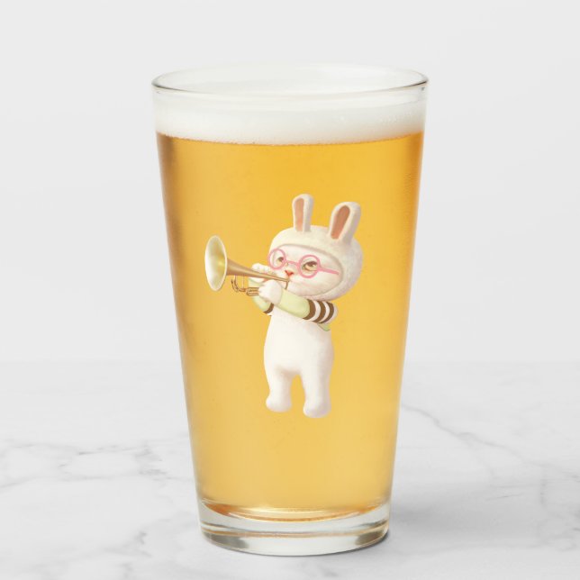 Baby Bunny Trumpet Player with Bird in Lily Garden Glass (Front Filled)
