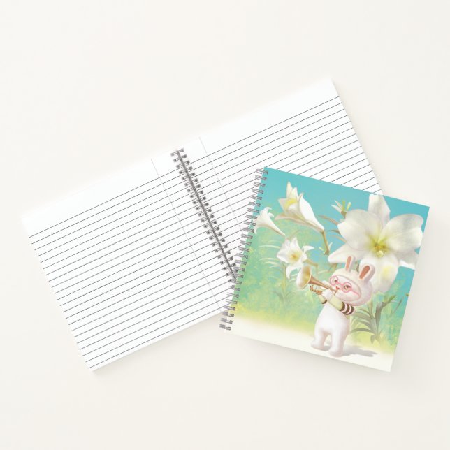 Baby Bunny Trumpet Player with Bird in Lily Garden Notebook (Inside)