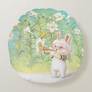 Baby Bunny Trumpet Player with Bird in Lily Garden Round Cushion