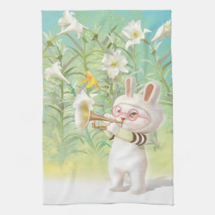 Baby Bunny Trumpet Player with Bird in Lily Garden Tea Towel