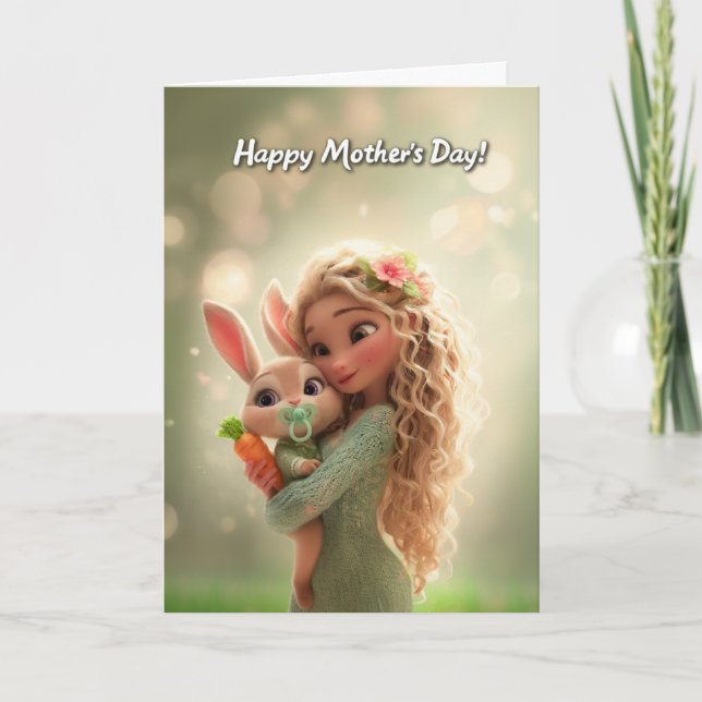 Baby Bunny w/ Carrot & Mommy Happy Mother's Day Card (Front)