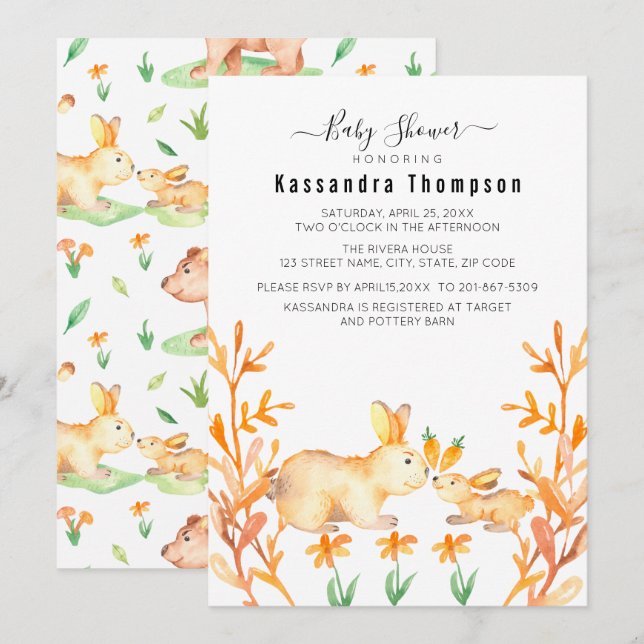 Baby Bunny With Mother Dangling Carrot Baby Shower Invitation (Front/Back)