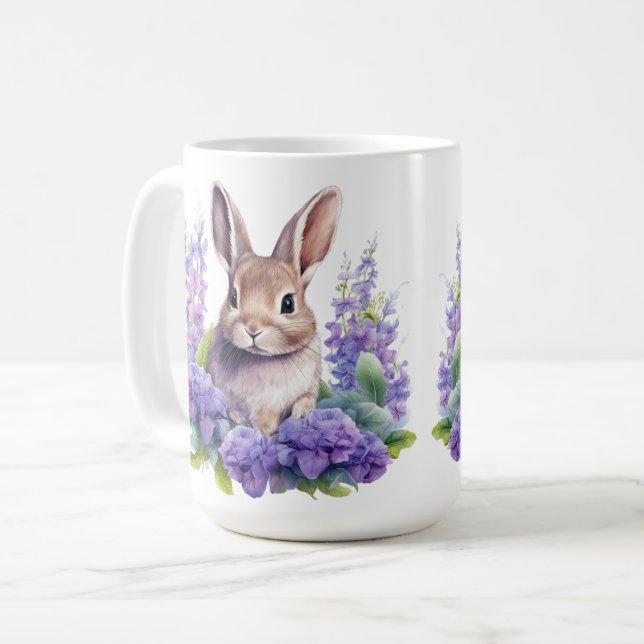 Baby bunny with purple flowers 15 oz coffee mug (Front Left)