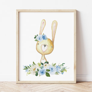 Baby Bunny, Woodland Animals, Boho, Blue Flowers Poster