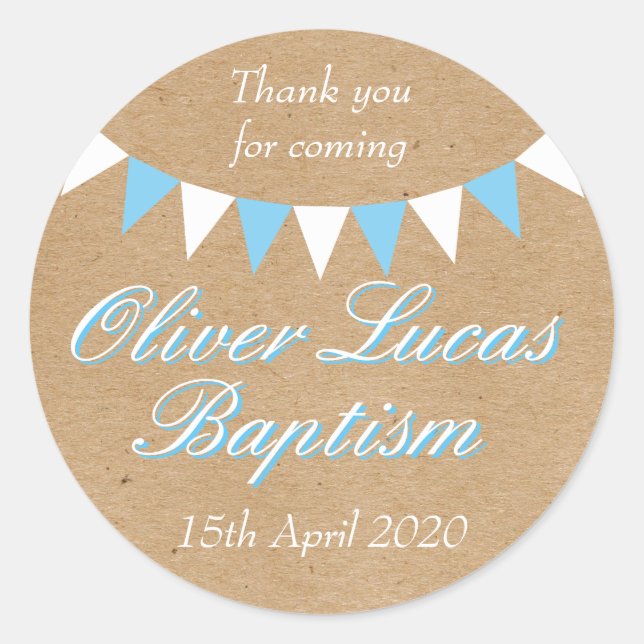Baby Bunting Blue Baptism Christening Favour Classic Round Sticker (Front)
