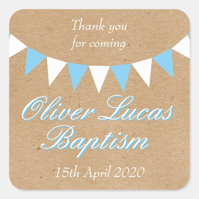 Baby Bunting Blue Baptism Christening Favour Square Sticker (Front)