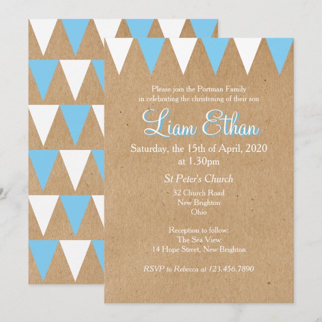 Baby Bunting Blue Baptism Christening Invitation (Front/Back)