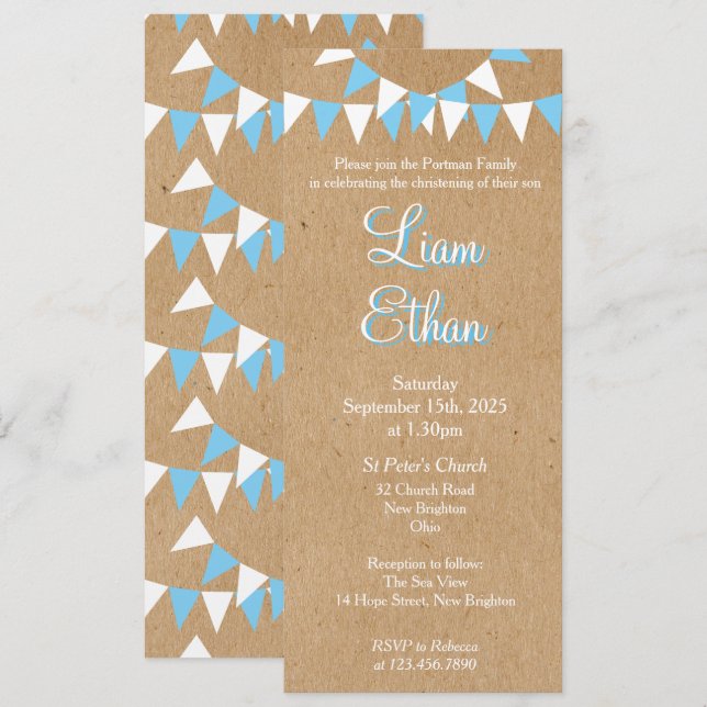 Baby Bunting Blue Baptism Christening Invitation (Front/Back)
