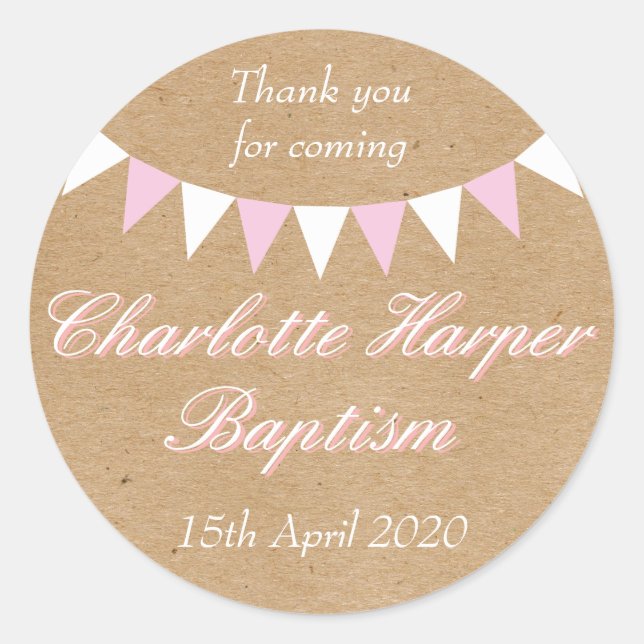 Baby Bunting Pink Baptism Christening Favour Classic Round Sticker (Front)