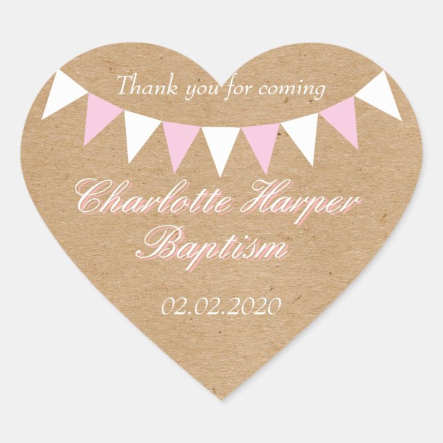 Baby Bunting Pink Baptism Christening Favour Heart Sticker (Front)