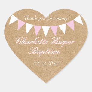 Baby Bunting Pink Baptism Christening Favour Heart Sticker
