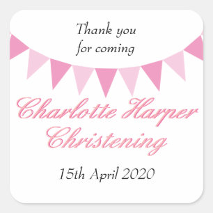 Baby Bunting Pink Baptism Christening Favour Square Sticker