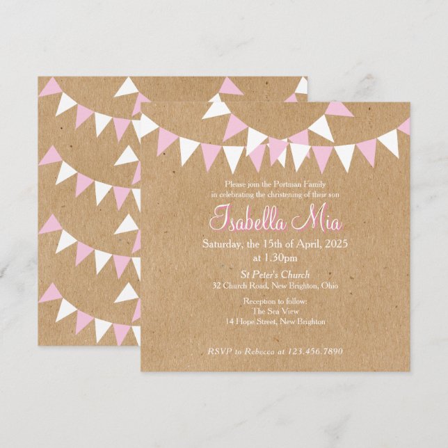 Baby Bunting Pink Baptism Christening Invitation (Front/Back)
