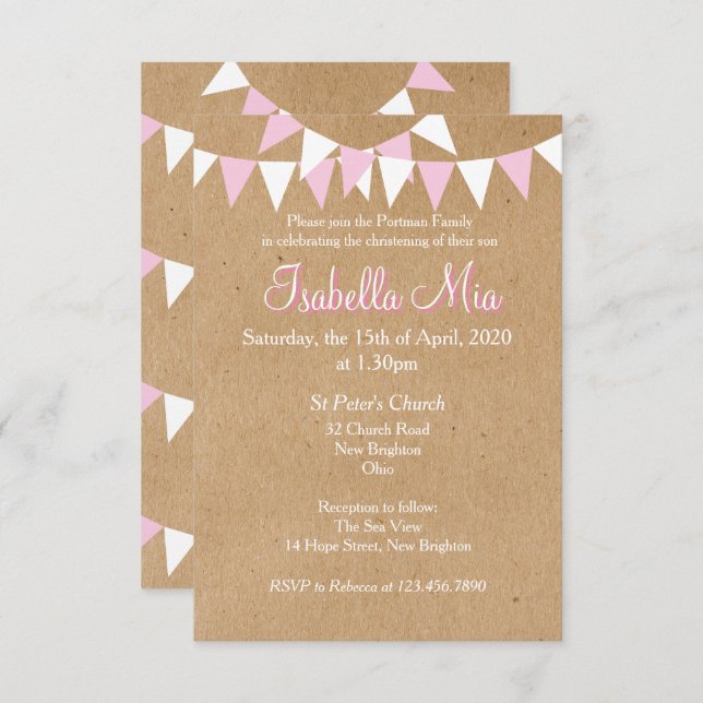 Baby Bunting Pink Baptism Christening Invitation (Front/Back)