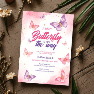  Baby Butterfly On The Way Pink Purple Watercolor  Invitation