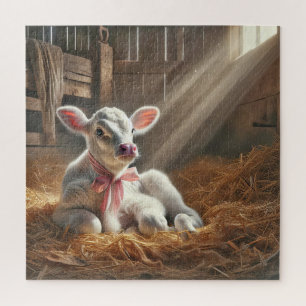Baby Calf In Sunlit Barn Stall Jigsaw Puzzle