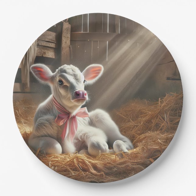 Baby Calf In Sunlit Barn Stall Paper Plate (Front)