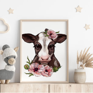 Baby Calf Rose Animal Poster   Wall Print