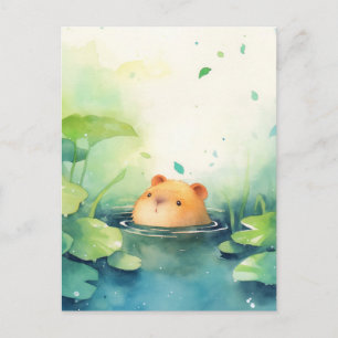 Baby Capybara Peeking Out of Calm Green Lily Pad Postcard
