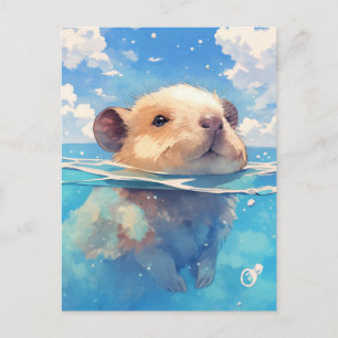 Baby Capybara Swimming in Deep Blue Ocean Water Postcard