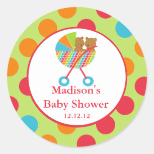 Baby Carriage Bear Twins Baby Shower Sticker