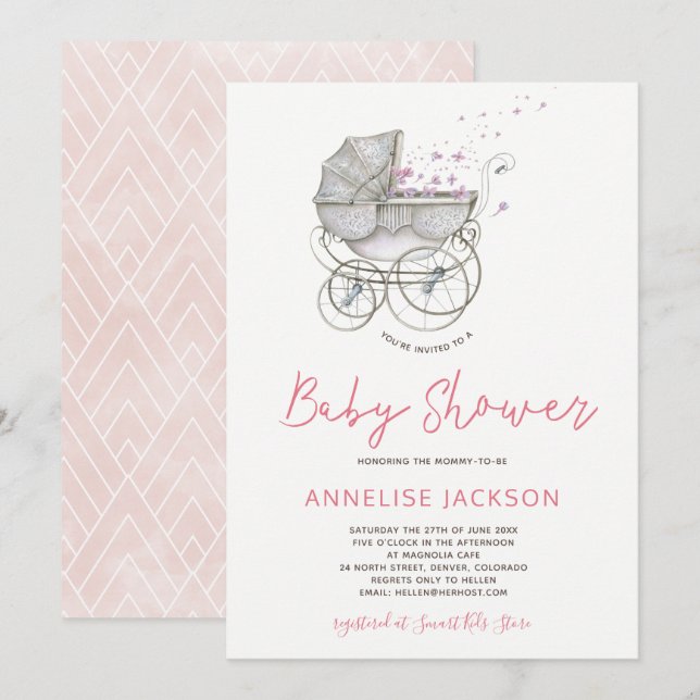 Baby carriage blush watercolor baby girl shower invitation (Front/Back)