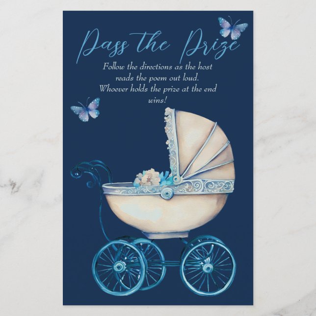 Baby Carriage Boy Baby Shower Pass the Prize Game (Back)