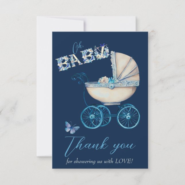 Baby Carriage Boy Baby Shower Thank You (Front)