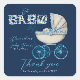 Baby Carriage Boy Baby Shower Thank You Square Sticker