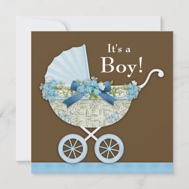 Baby Carriage Brown Blue Baby Boy Shower Invitation (Front)