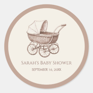 Baby Carriage Brown Ivory Vintage Pram Baby Shower Classic Round Sticker