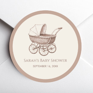 Baby Carriage Brown Ivory Vintage Pram Baby Shower Classic Round Sticker