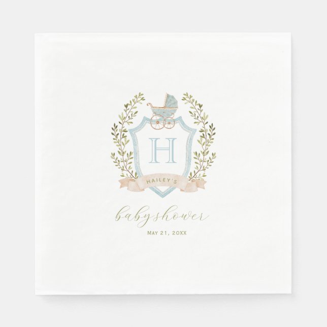 Baby Carriage Crest Monogram | Blue Baby Shower Napkin (Front)