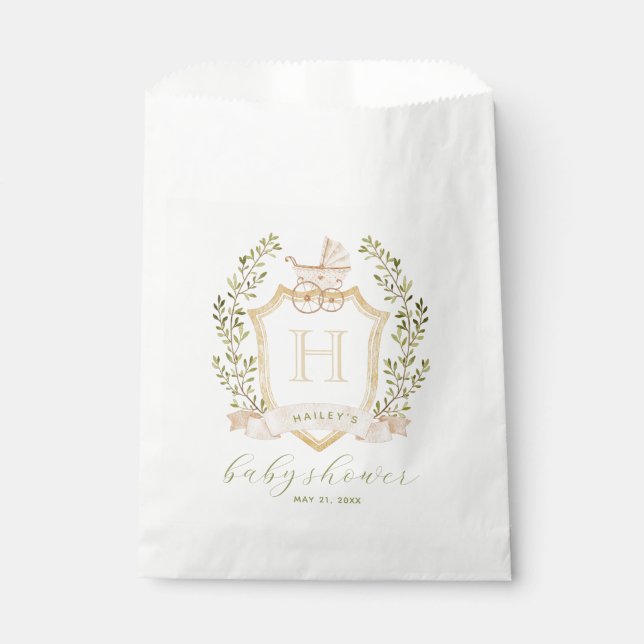 Baby Carriage Crest Monogram | Neutral Baby Shower Favour Bags (Front)