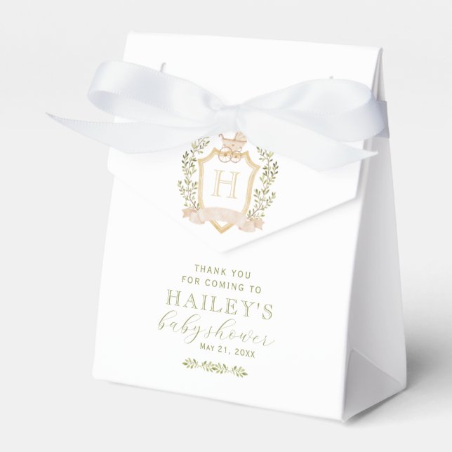 Baby Carriage Crest Monogram | Neutral Baby Shower Favour Box (Front Side)