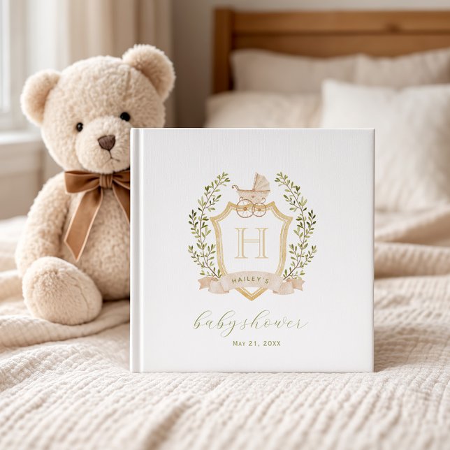 Baby Carriage Crest Monogram | Neutral Baby Shower Guest Book (12x12 guest book)