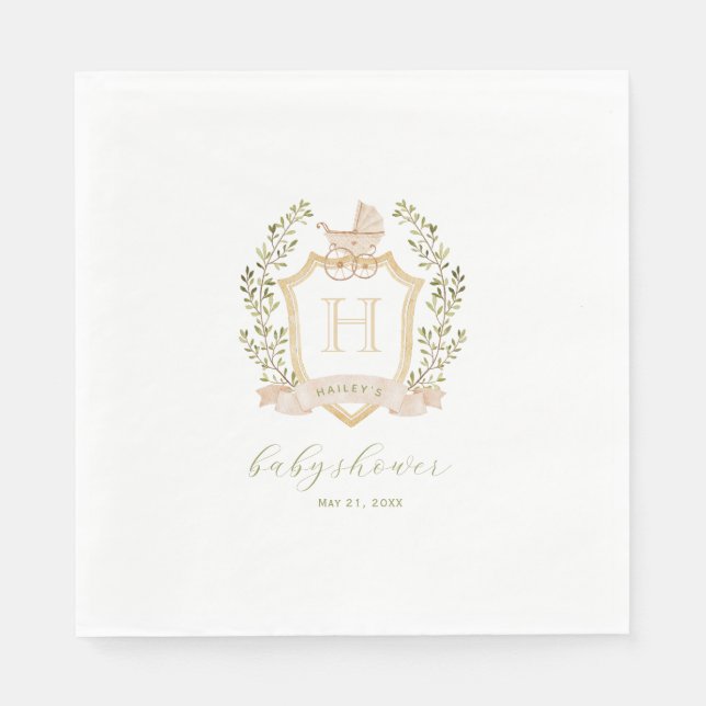 Baby Carriage Crest Monogram | Neutral Baby Shower Napkin (Front)