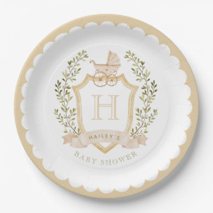 Baby Carriage Crest Monogram   Neutral Baby Shower Paper Plate