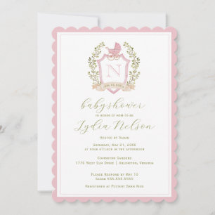 Baby Carriage Crest Monogram   Pink Baby Shower Invitation