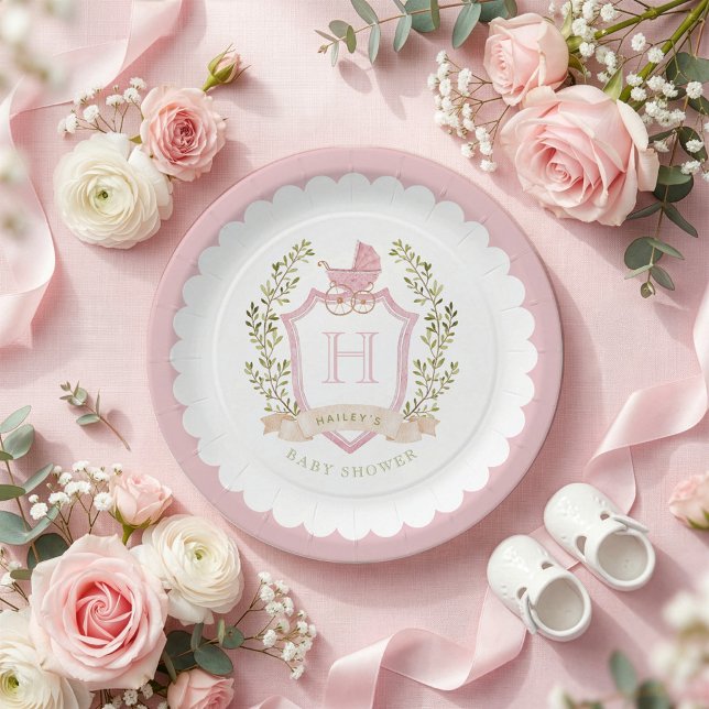Baby Carriage Crest Monogram | Pink Baby Shower Paper Plate (Creator Uploaded)