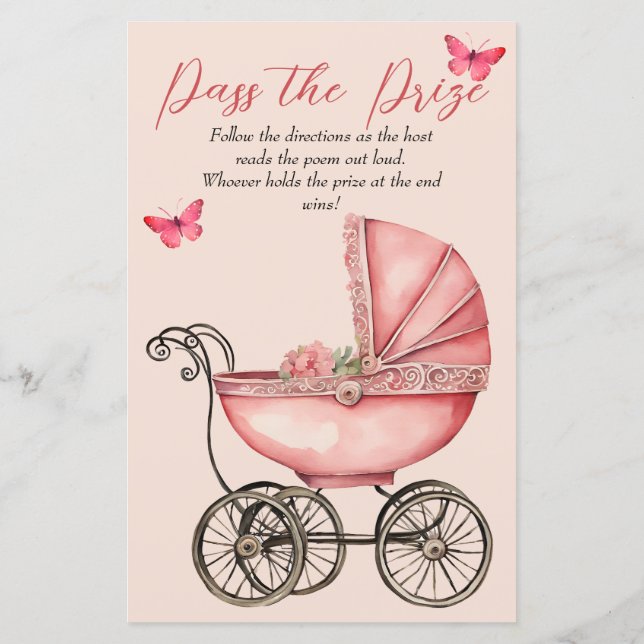Baby Carriage Girl Baby Shower Pass the Prize Game (Back)